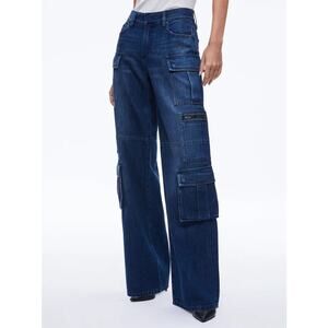 Alice + Olivia Cay Baggy Wide Leg Cargo Jeans Love Train Dark Wash Blue 26